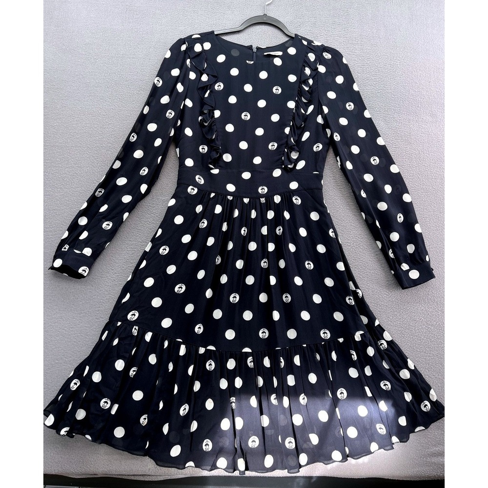 Bolero Dress Womens S-XS Navy Blue Polka Dot RF Logo Ruffle Long Sleeve Mini